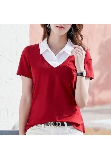 Kırmızı Pamuk Yaz Yeni Kısa Kollu Kadın Gömlek Kadın Sahte Iki Kadın Ince Turn Down Yaka Gömlek Za Tops Kırmızı