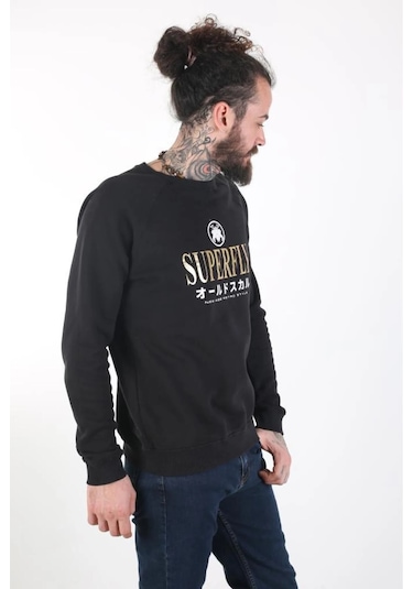 Superfly Erkek Sıfır Yaka Standart Kesim Siyah Sweatshirt 23177