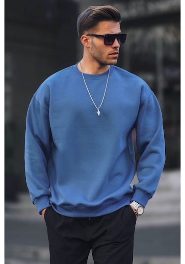 Madmext İndigo Bisiklet Yaka Oversize Şardonlu Basic Erkek Sweatshirt 6048-indigo İndigo