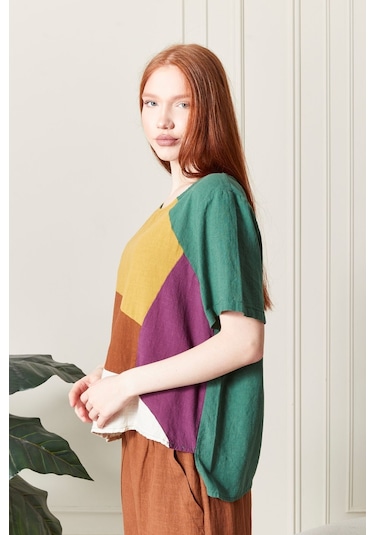 Keten Gökkuşağı Asimetrik Kesim Bluz Renkli Ve Şık Tasarım Turkuaz