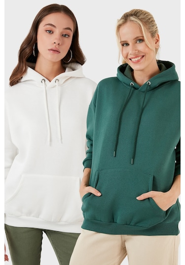 Lela Regular Fit Pamuklu Kapüşonlu Yaka Şardonlu Kışlık 2'Li Paket Bayan Sweat 5863854S2 Nefti-Ekru