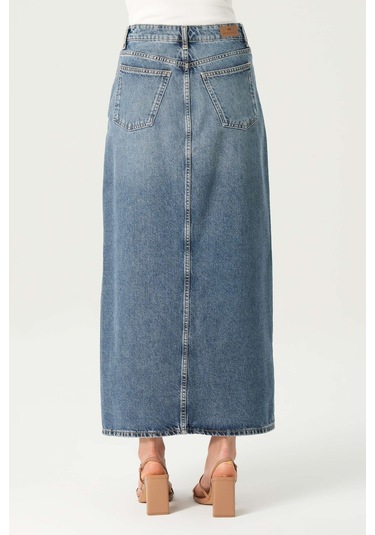 Orta Mavi Yüksek Bel Patı Fermuarlı Yırtmaçlı Maxi Jean Etek C 4532-048 Mavi