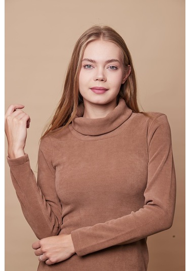 Kadın Likralı Triko Kumaş Tam Balıkçı Asimetrik Uzun Kol Diz Boy Elbise-camel Camel