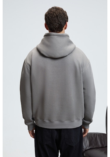 JUSTUS Erkek Kapüşonlu Kanguru Cepli Fermuar Yakalı Koyu Gri Sweatshirt