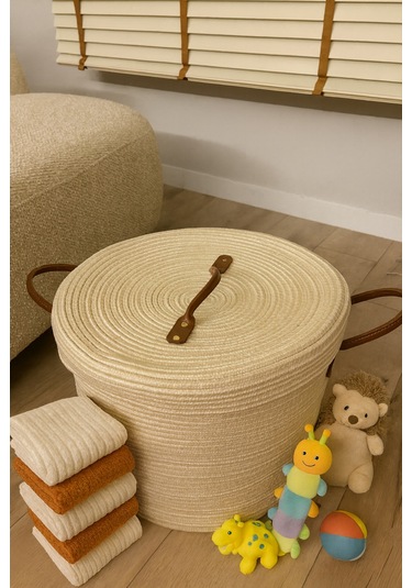 Armonia Deri Saplı Kapaklı Kirli Çamaşır Sepeti Düzenleme Sepeti Oyuncak Sepeti Krem