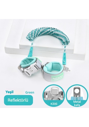 Babyplay Çocuklar İçin Kaybolma Önleyici Bileklik 2 Metre- Reflektörlü, Anahtarlıklı, Sağlam, Güvenli Tasarım Yeşil