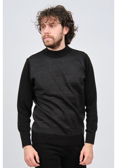 Çizgi Triko Erkek Yarım Balıkçı Yaka Desenli Kazak 42564225 Siyah Siyah