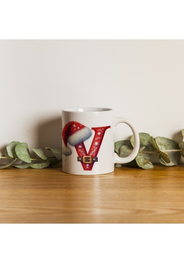 V Harfi Yılbaşı Temalı Bardak 330 Ml Harfli Kişiye Özel Hediye - Yeniyıl / Noel Şapka Tasarım Beyaz