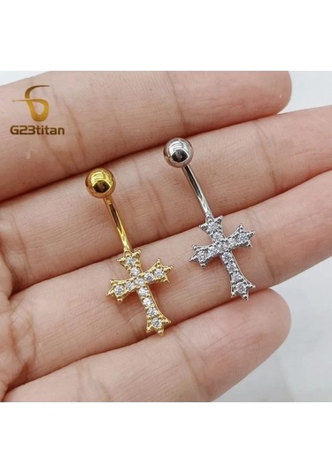 Flybuy Altın Gümüş Zirkon Çapraz Sembol Kavisli Titanyum Navel Ring, 1.5cm, Göbek Yüzük, Dini Tasarım, G23titan Marka, Paslanmaz Çelik Ve Titanyum, Erkek/kadın, Moda Aksesuar Gümüş