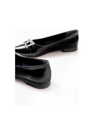 Aska Shoes İnf-133 Taşlı Tokalı Günlük Kadın Babet Siyah Rugan