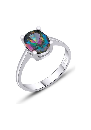 Gümüş Rodyumlu Mistik Topaz Taşlı Yüzük Oval Kesim 925 Ayar St298 Gümüş