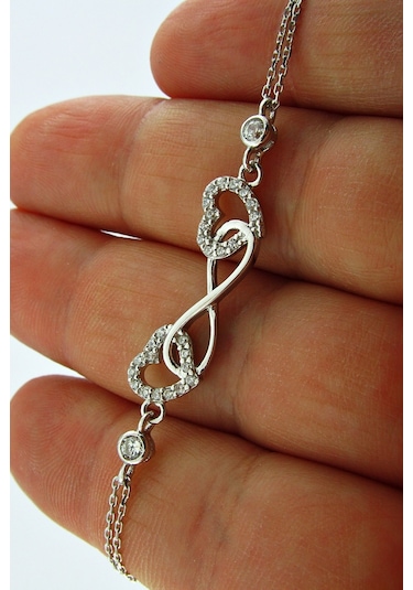 Sonsuzluk Çift Kalp Tek Taşlı Gümüş Bileklik Wsb32