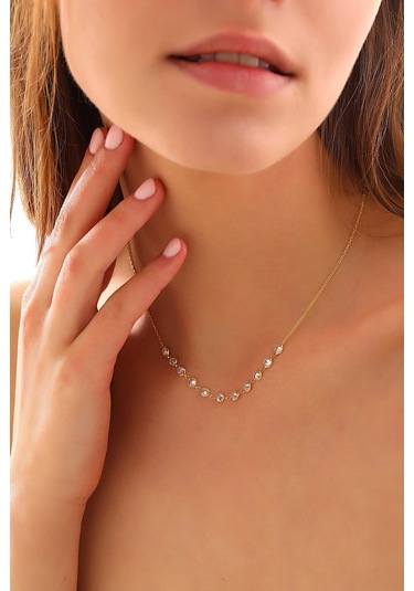 925 Ayar Gümüş Zirkon Taşlı Kısa Tamtur Parçalı Kolye Altın