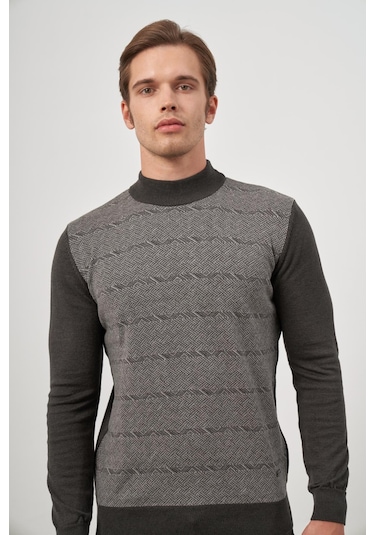Koyu Antrasit Uzun Kol Kendinden Örme Yarım Balıkçı Yaka Classic Comfort Fit Triko 1012245152 Koyu Antrasit