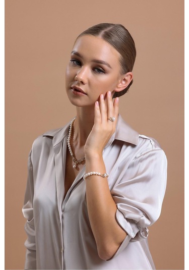 5 Mm Zirkon Taşlı Doğal İnci Bileklik 20 Cm / Beyaz Beyaz Beyaz Altın