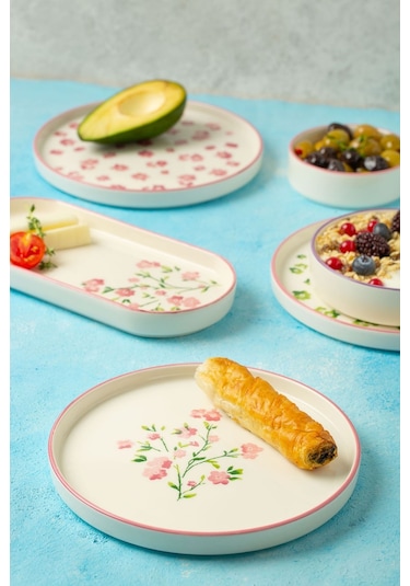 Kevin Seramik Berthe Çiçekli 14 Parça 6 Kişilik Kahvaltı Takımı Beyaz - Pembe