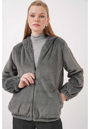 Gabria Kapüşonlu Pelüş Mont Koyu Gri