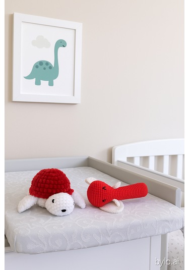 El Yapımı Kırmızı Çıngıraklı Set Fil Ve Kaplumbağa %100 Pamuk, Bebekler İçin Güvenli Beyaz - Kırmızı