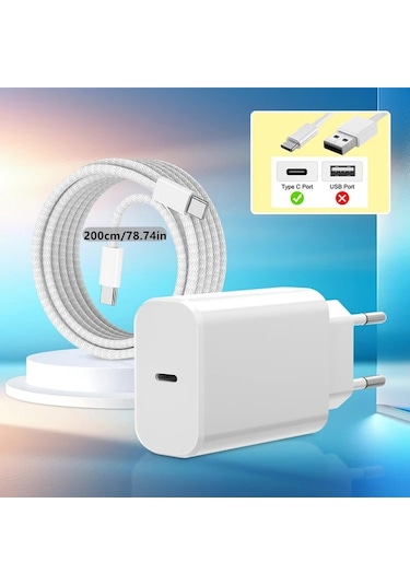 Honeybeeshop İphone 15 16 İçin 20w Usb-c Şarj Adaptörü + 2 Metre Veri Kablosu İpad Pro Air Mini Uyumlu