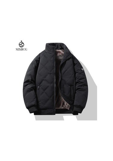 Kalın Dik Yakalı, Rüzgar Geçirmez Ve Sıcak Pamuklu Ceketli Erkek Günlük Kışlık Peluş Pamuklu Ceket Siyah