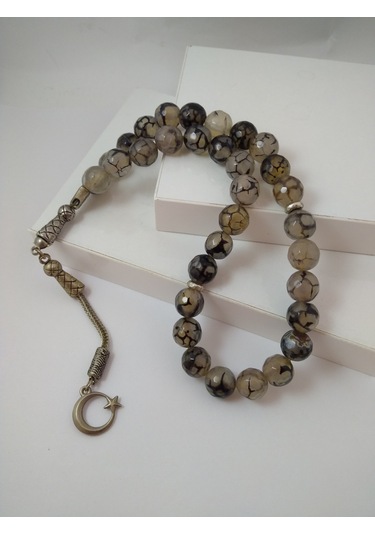 Gri Damarlı Akik Taşı Tespih Ahşap Kutulu / 10 MM Doğaltaş Tespih