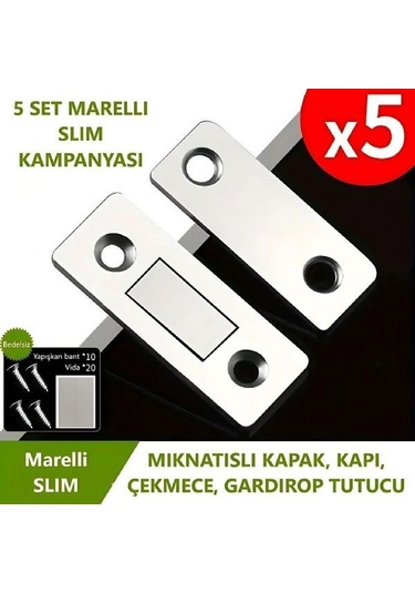 Marelli Slım Mıknatıslı Kapak Tutucu Kapı, Çekmece Tutucu, Çıt Çıt 5 Adet