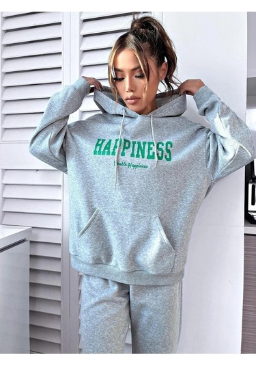 Happiness Eşofman Takımı Sweatshirt Jogger - Gri Baskılı Oversize Şardonlu Kapüşonlu Gri