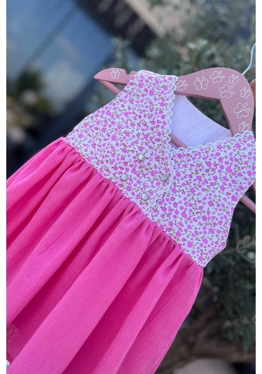 Dantel Detaylı Çiçek Desenli Kolsuz Şile Bezi Pembe Elbise 001