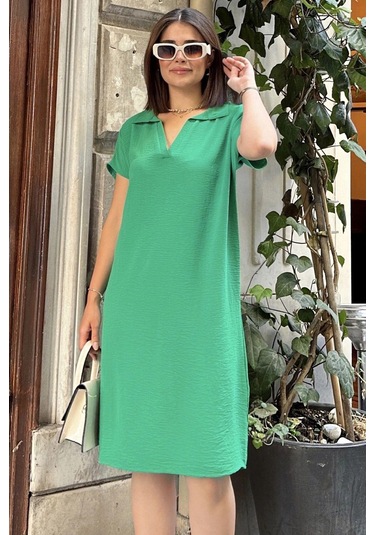 Yeşil Kısa Kol, Polo Yaka, Dokulu Kumaş, Basic Kalıp/kesim, Aerobin Rahat Midi Elbise Yeşil