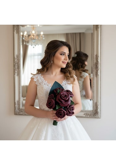 Gerçek Deriden El Yapımı Bordo Gelin Buketi Bordo