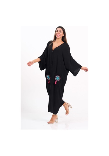 Kadın Siyah V Yaka Sırtı Ve Cepleri Nakışlı Püsküllü Oversize Uzun Elbise - Sıyah