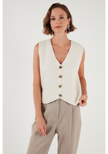 Lela Standart Fit V Yaka Düğmeli Triko Bayan Yelek 4616177 Taş