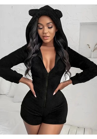 Munn Collection Kadın Uzun Kollu Kapişon Ve Fermuar Detaylı Peluş Şort Tulum Siyah