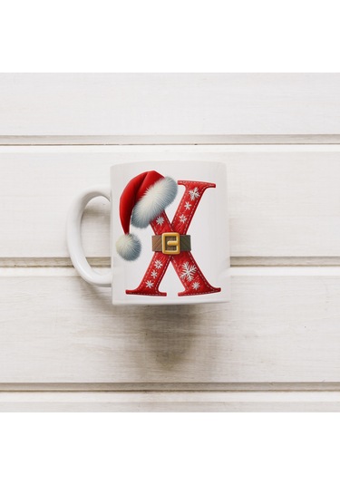 X Harfi Yılbaşı Temalı Bardak 330 Ml Harfli Kişiye Özel Hediye - Yeniyıl / Noel Şapka Tasarım Beyaz