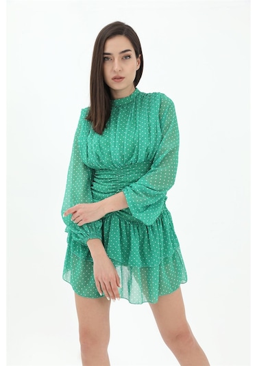Büzgülü Puantiyeli Şifon Elbise - Yeşil-yeşil