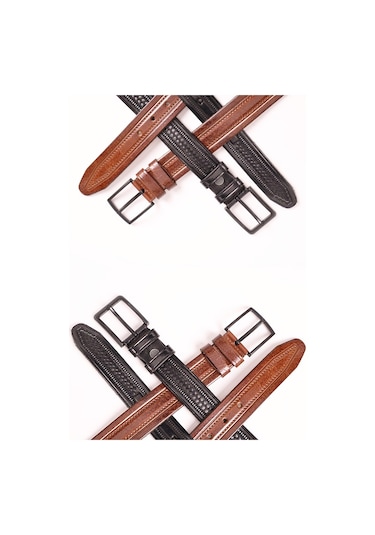 Ertay Deri Hakiki Deri Köseli Kahverengi ve Siyah Erkek Kemeri 3.2 CM Kahverengi - Siyah