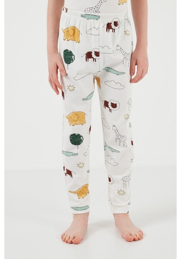 Lela Desenli % 100 Pamuk Bisiklet Yaka Erkek Çocuk Pijama Takımı 6651001 Ekru-Hardal