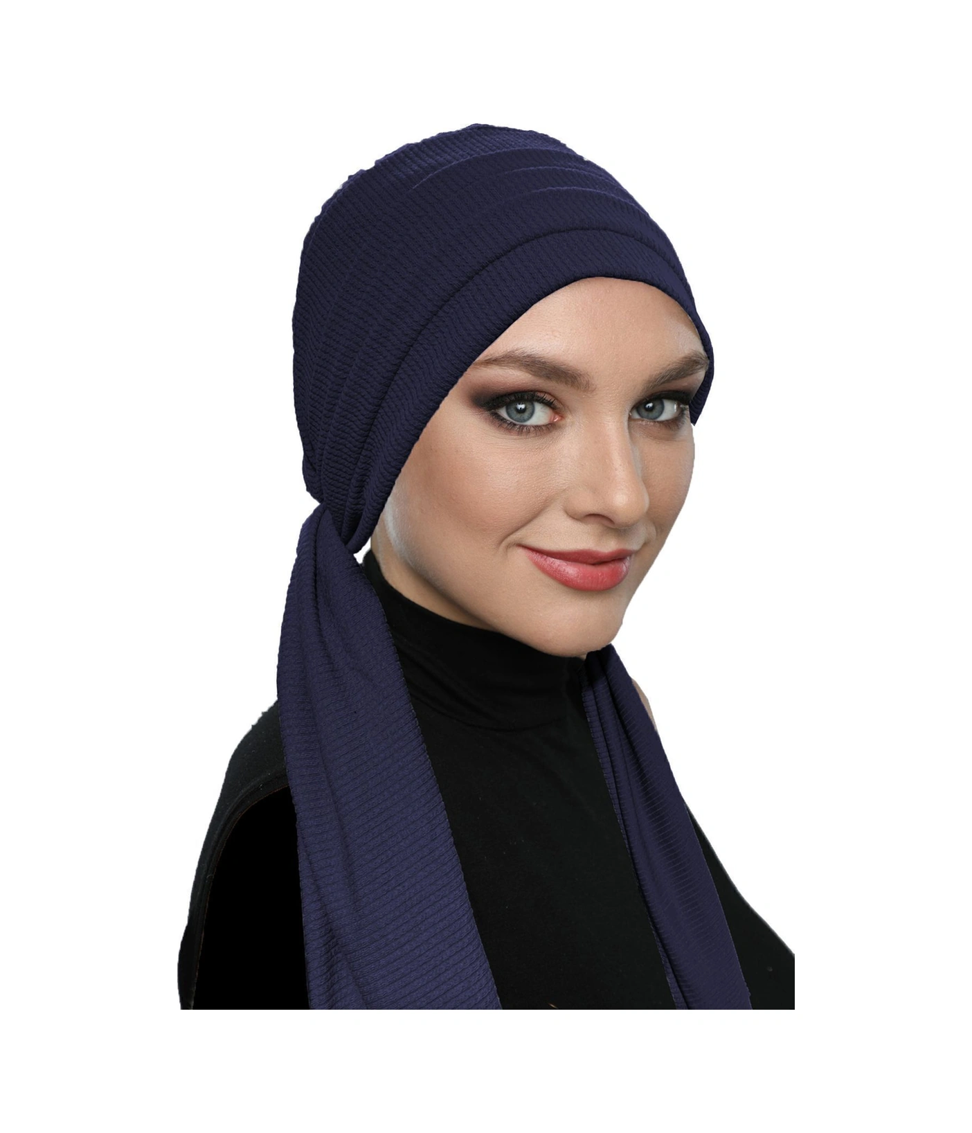 Fitilli Penye Bağlama Lacivert Hazır Türban Tesettür Bone Lacivert