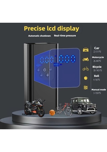 Primepickings Black Portable Lastik Hava Kompresoru 150psı Kablosuz Elektrikli Sise Digital Ekranli Usb-c Sarjli Araba Bisiklet Motor Top Icin