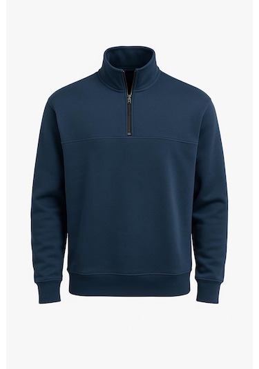 Classics Men Unisex Relax Fit Rahat Kesim Pamuklu Yarım Fermuarlı Dik Yaka Sweatshirt Lacivert Lacivert