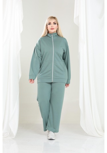 Kadın Büyük Beden Fermuarlı Uzun Kollu Rahat Günlük Eşofman Takım Çağla