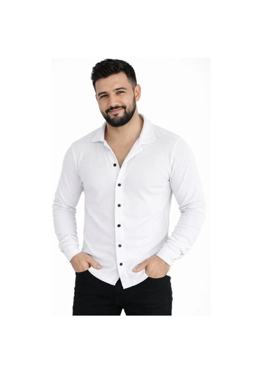 Tarzyeri Erkek Waffle Kumaş Uzun Kollu Düğmeli Açık Yaka Regular Fit Gömlek - Beyaz