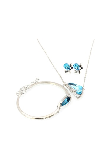 Xindoker Kadınlar İçin Mavi Kelebek Desenli Üçlü Takı Seti - Kolye, Bilezik Ve Küpe - Alli Yum Ve Kristal - Özel Günler İçin Zengin Görünüm