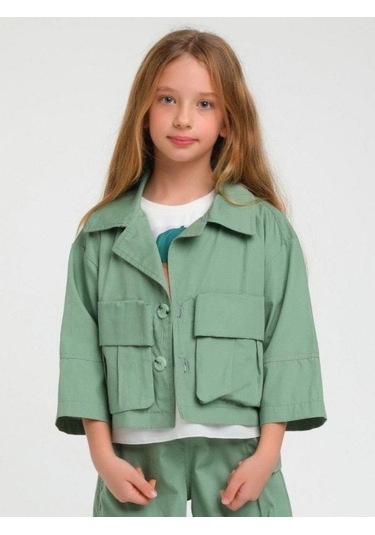 Kız Çocuk Erkek Yaka Cepli İki Düğmeli Ceket-15124 Yeşil