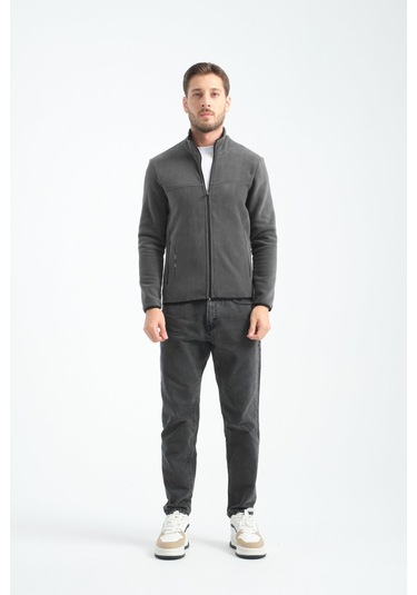 Shooter Sportswear Premium Kışlık Erkek Polar Sweatshirt Minimal Nakış Detayları Fermuarlı Regular Fit Füme