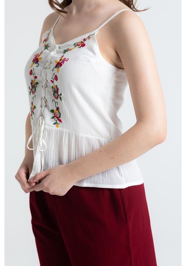 Askılı Şile Bezi Bihter Nakışlı Yazlık Bluz Krem Krm-krem