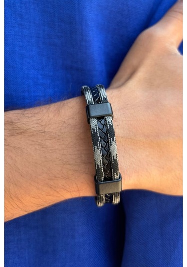 El İşçiliği İle Üretilmiş Hakiki Deri Erkek Bileklik Gri