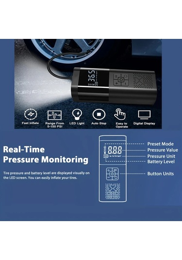 Primepickings Taşınabilir Lastik Şişirme 150psı Kablosuz Hava Kompresörü Usb Şarjlı Araç Bisiklet Motor Ve Spor Topları İçin Black