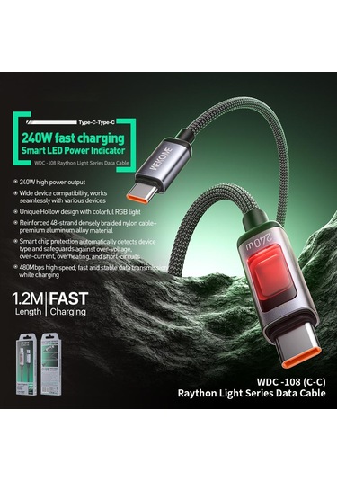 Wk Wdc-108 240w Akıllı Dijital Ekran Tipi-c Tipi-c Hızlı Şarj Veri Kablosu, Uzunluk: 1.2m Siyah
