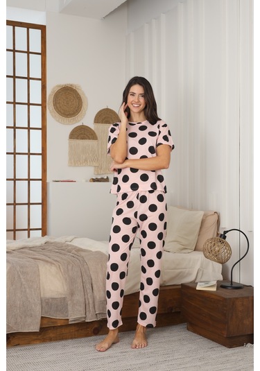 Kadın Yazlık Kısa Kol Penye Süprem Kumaş Pijama Takımı Pembe Puanlı